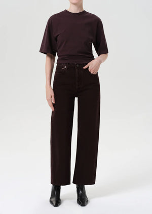 Close-up of the Ren Jen in Sloe Berry fabric, showcasing the 100% regenerative cotton and subtle marbling.