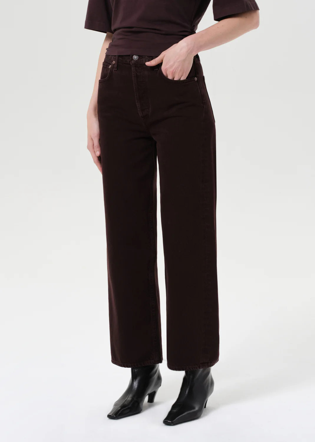 Back view of the Ren Jen in Sloe Berry, depicting the flattering silhouette in high-quality denim.