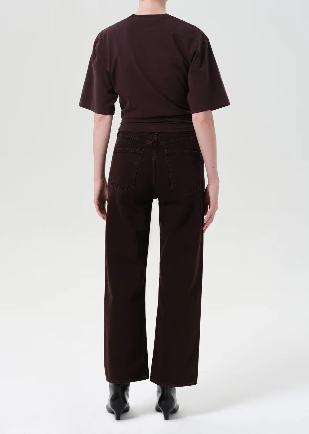 Model wearing the Ren Jen in Sloe Berry, highlighting the relaxed fit and cropped wide legs.