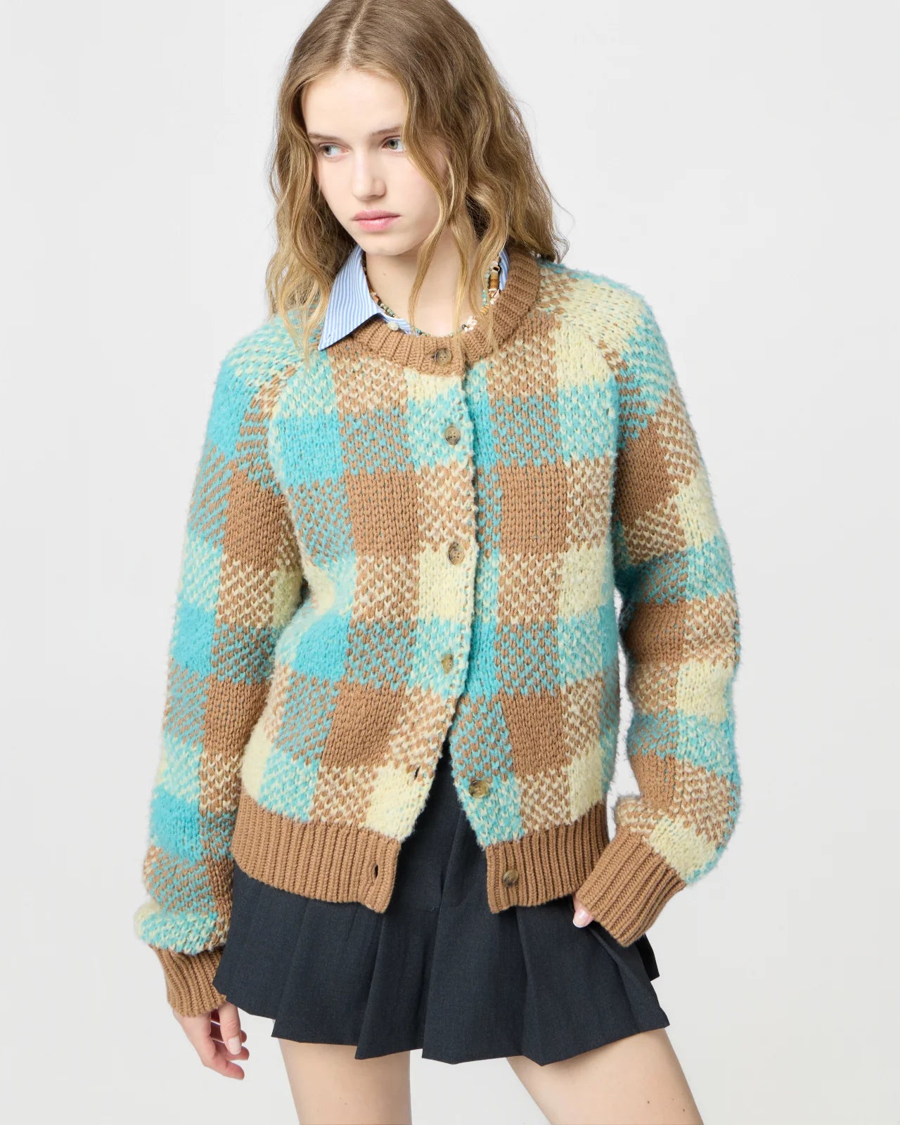 Buffalo Plaid Cardigan in Glacier - Elevated fashion piece by Guest in Residence, combining comfort and style.