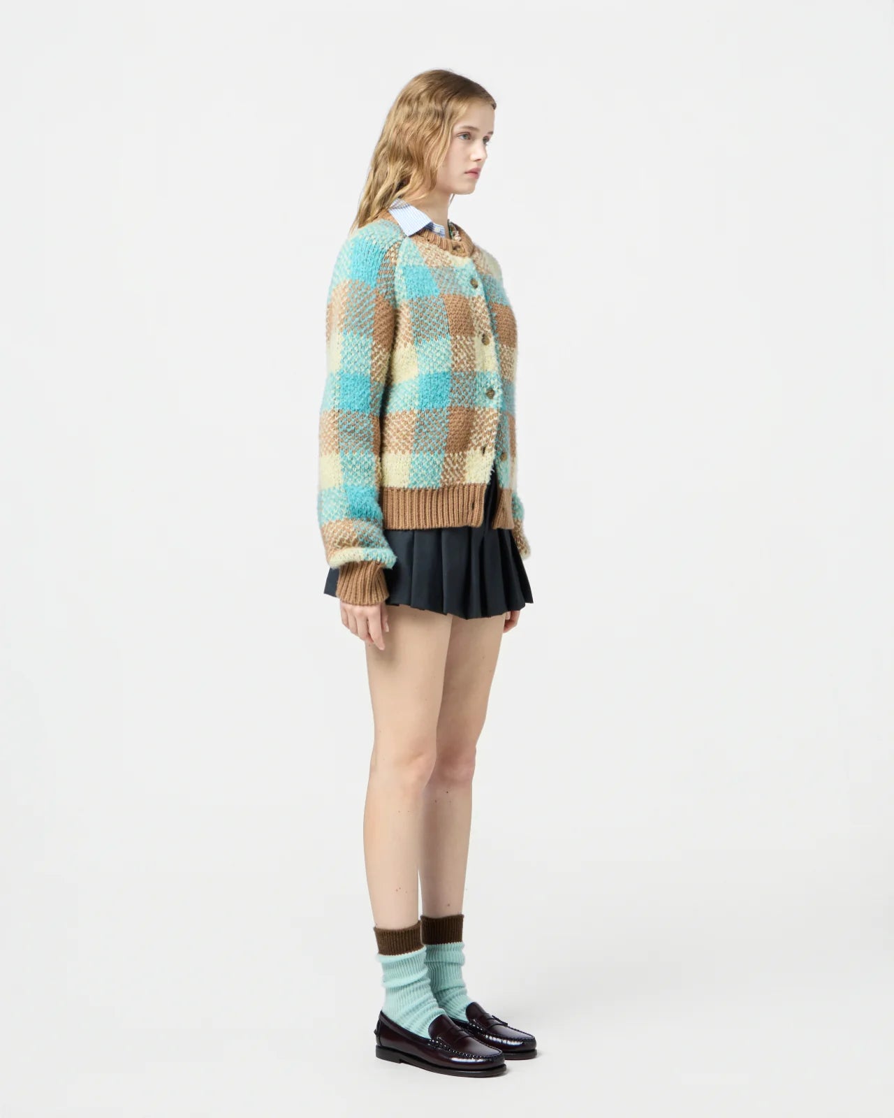 Buffalo Plaid Cardigan in Glacier - Features classic buffalo plaid pattern perfect for layering.
