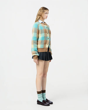 Buffalo Plaid Cardigan in Glacier - Features classic buffalo plaid pattern perfect for layering.
