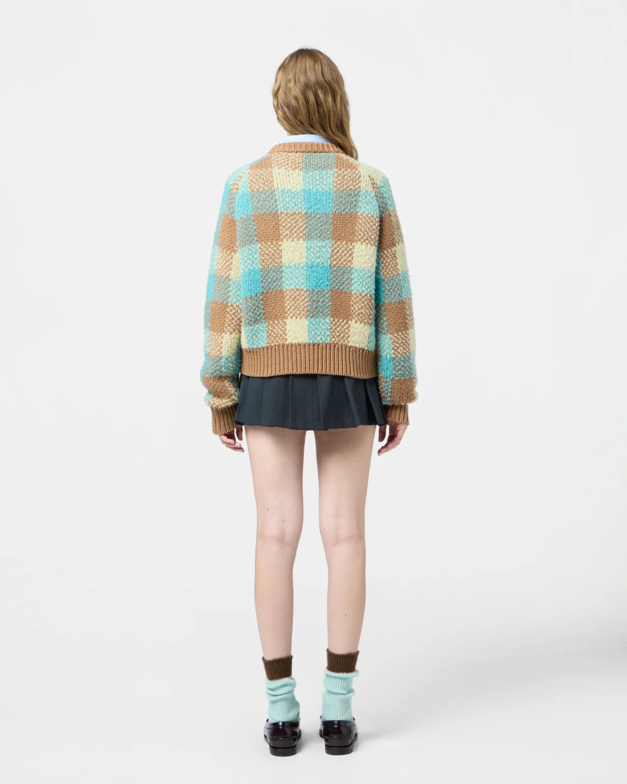 Buffalo Plaid Cardigan in Glacier - Premium quality cardigan showcasing a blend of 79% wool and 17% cashmere.
