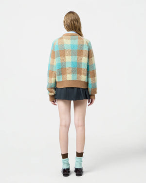 Buffalo Plaid Cardigan in Glacier - Premium quality cardigan showcasing a blend of 79% wool and 17% cashmere.