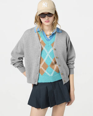 Detailed flat lay of the Collegiate Cardigan in Heather Grey, emphasizing the 100% cashmere composition.
