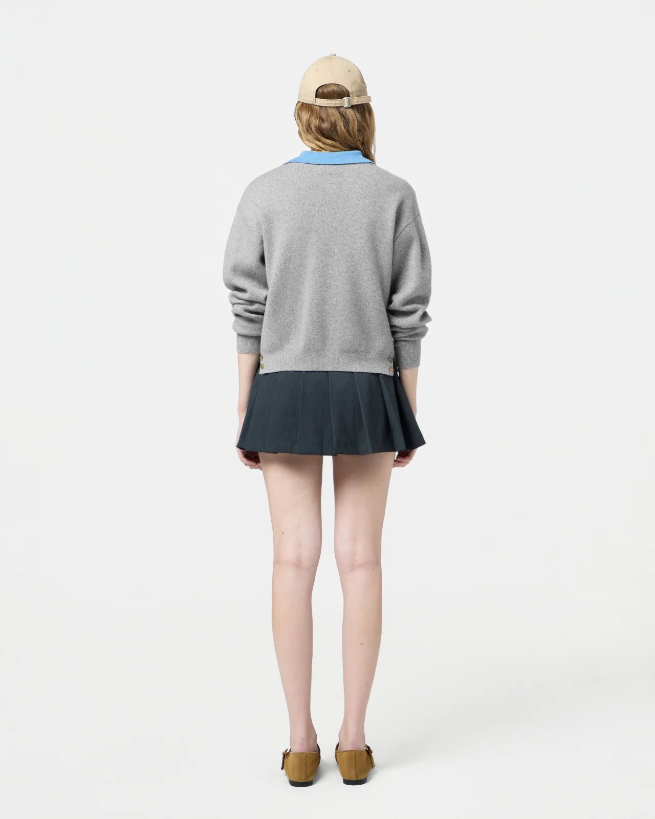 Back view of the Collegiate Cardigan in Heather Grey highlighting the signature branding at center back.