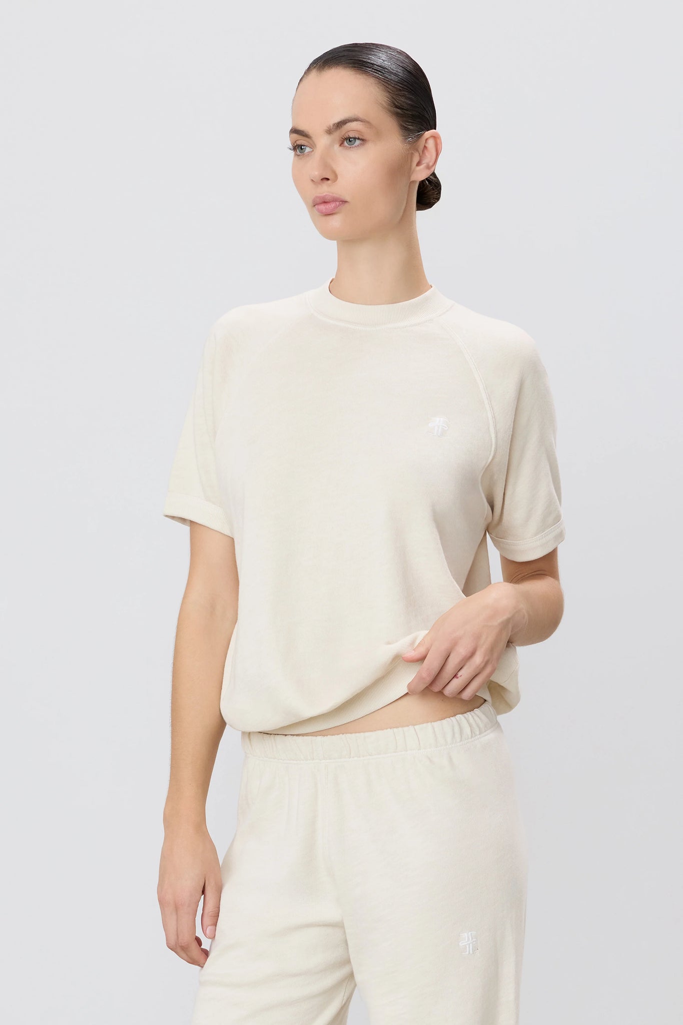 Stylish Short Sleeve Raglan Sweatshirt in Bone, crafted from 100% cotton, ideal for everyday comfort, featuring Éterne's signature relaxed design, focusing on short sleeve sweatshirt.