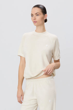 Stylish Short Sleeve Raglan Sweatshirt in Bone, crafted from 100% cotton, ideal for everyday comfort, featuring Éterne's signature relaxed design, focusing on short sleeve sweatshirt.