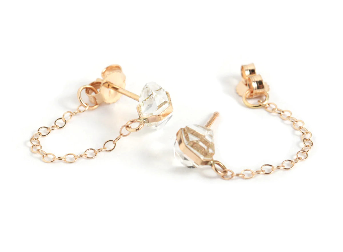 14K Yellow Gold Mini Herkimer Diamond Chain Wrap Post Earring