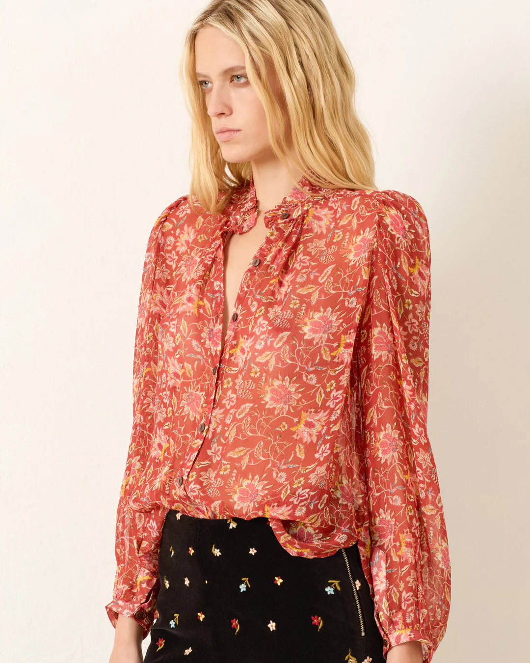 Model wearing the Annabel Shirt in Sunset Ember, styled with a cotton-silk camisole underneath