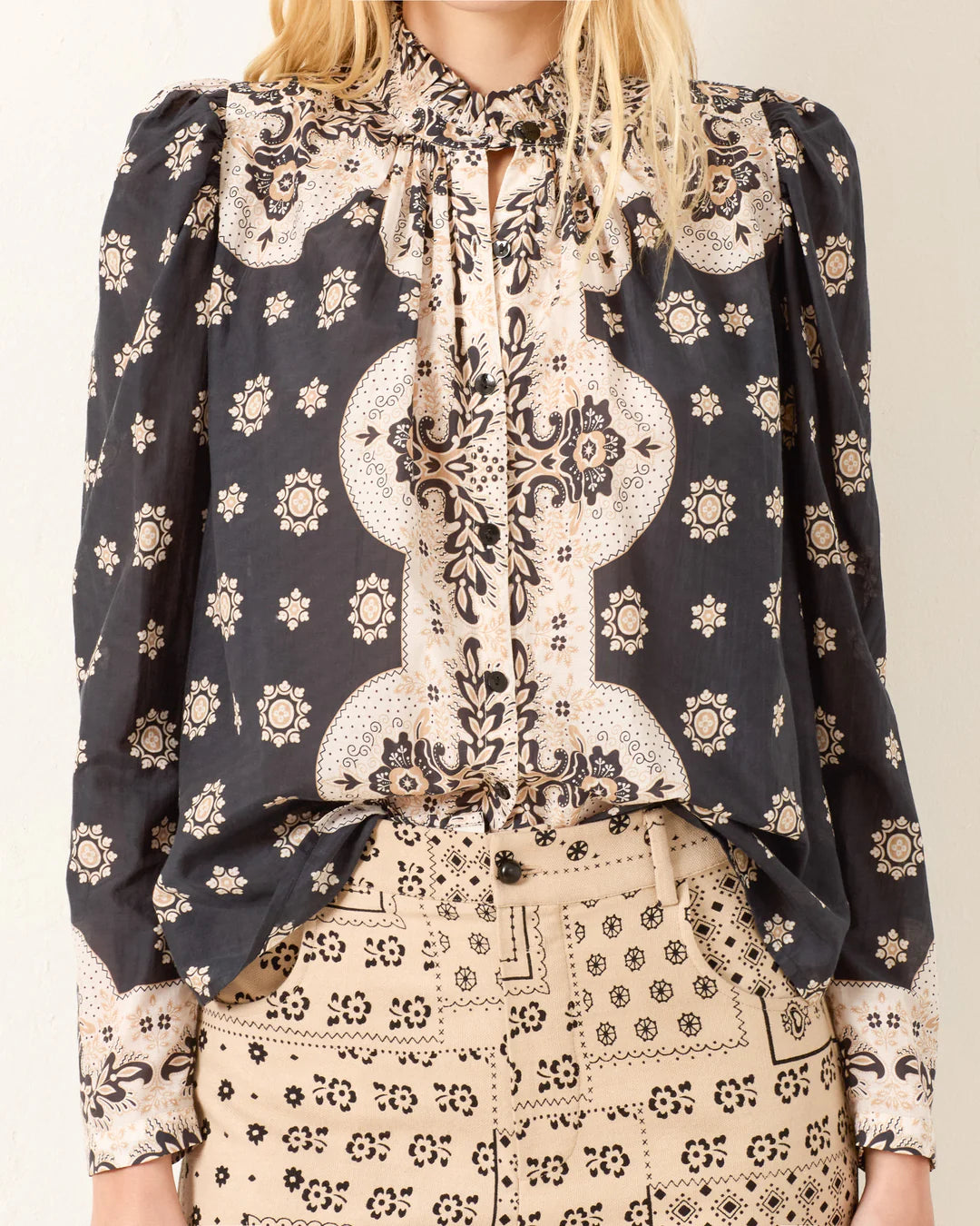 Flat lay of the Artemis Bronco Bandana Shirt showing its cotton-silk blend fabric.