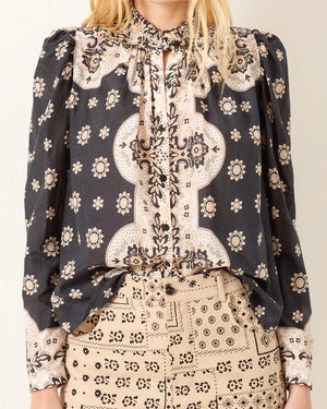 Flat lay of the Artemis Bronco Bandana Shirt showing its cotton-silk blend fabric.
