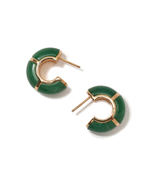 Lifestyle image of Zellige Hoops in Green Jade worn by a model, highlighting the elegant design.