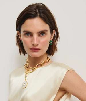 Close-up of Zellige Hoops in Green Jade featuring African jade stone inlay and gold-plated brass.