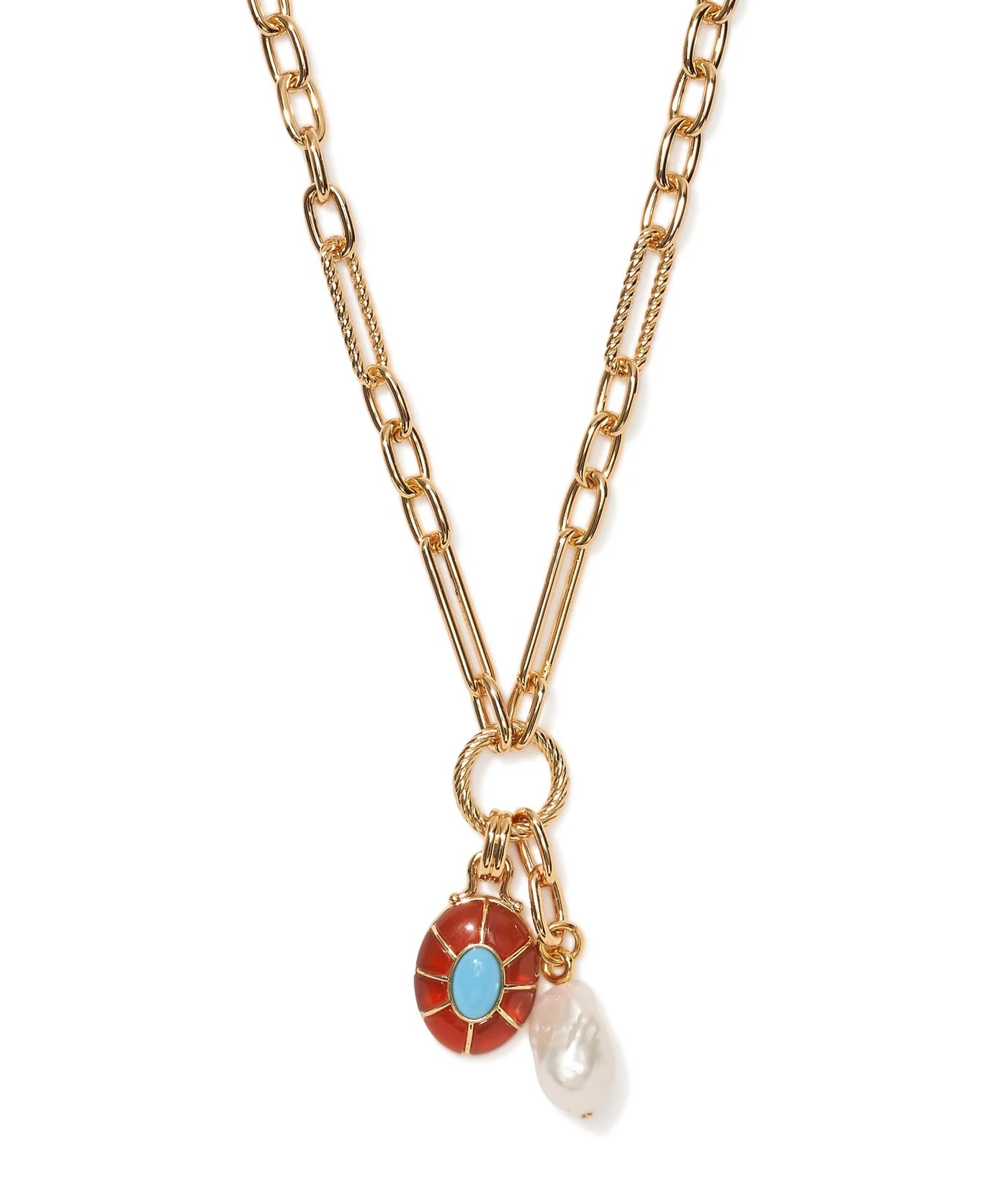 Model wearing the Neroli Charm Necklace in Multi, showcasing its elegant design with gold-plated brass and colorful accents.