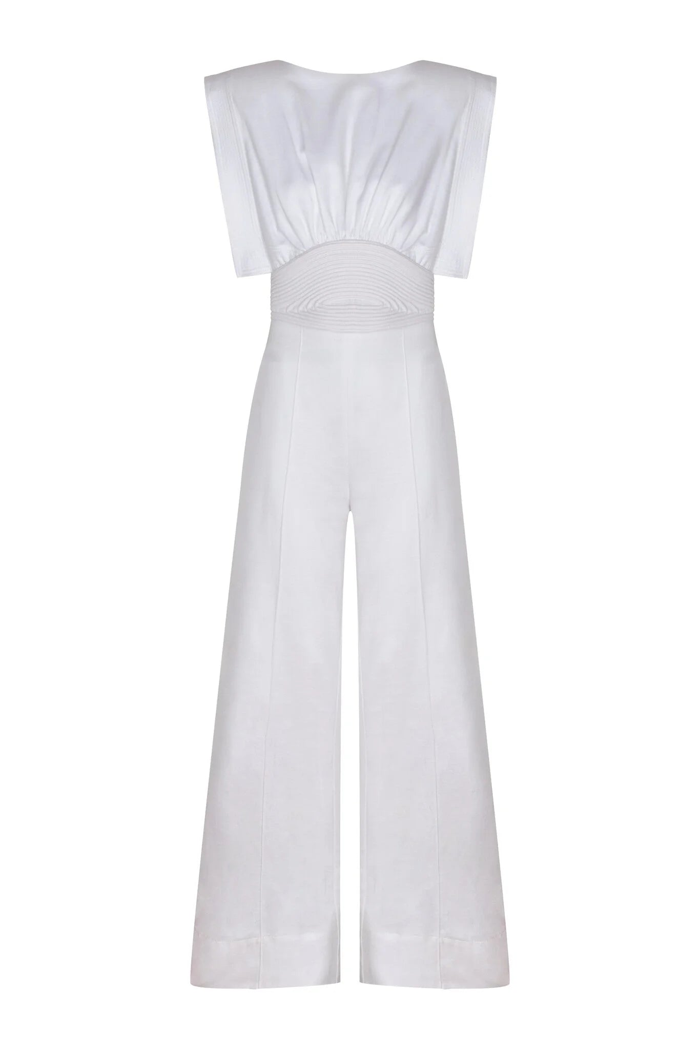 Lienzo Abierto jumpsuit by Andres Otalora in Off White, showcasing its relaxed silhouette and sculptured sleeves.
