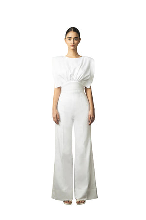 Stylish Lienzo Abierto jumpsuit in Off White, featuring detachable shoulder pads for a versatile look.