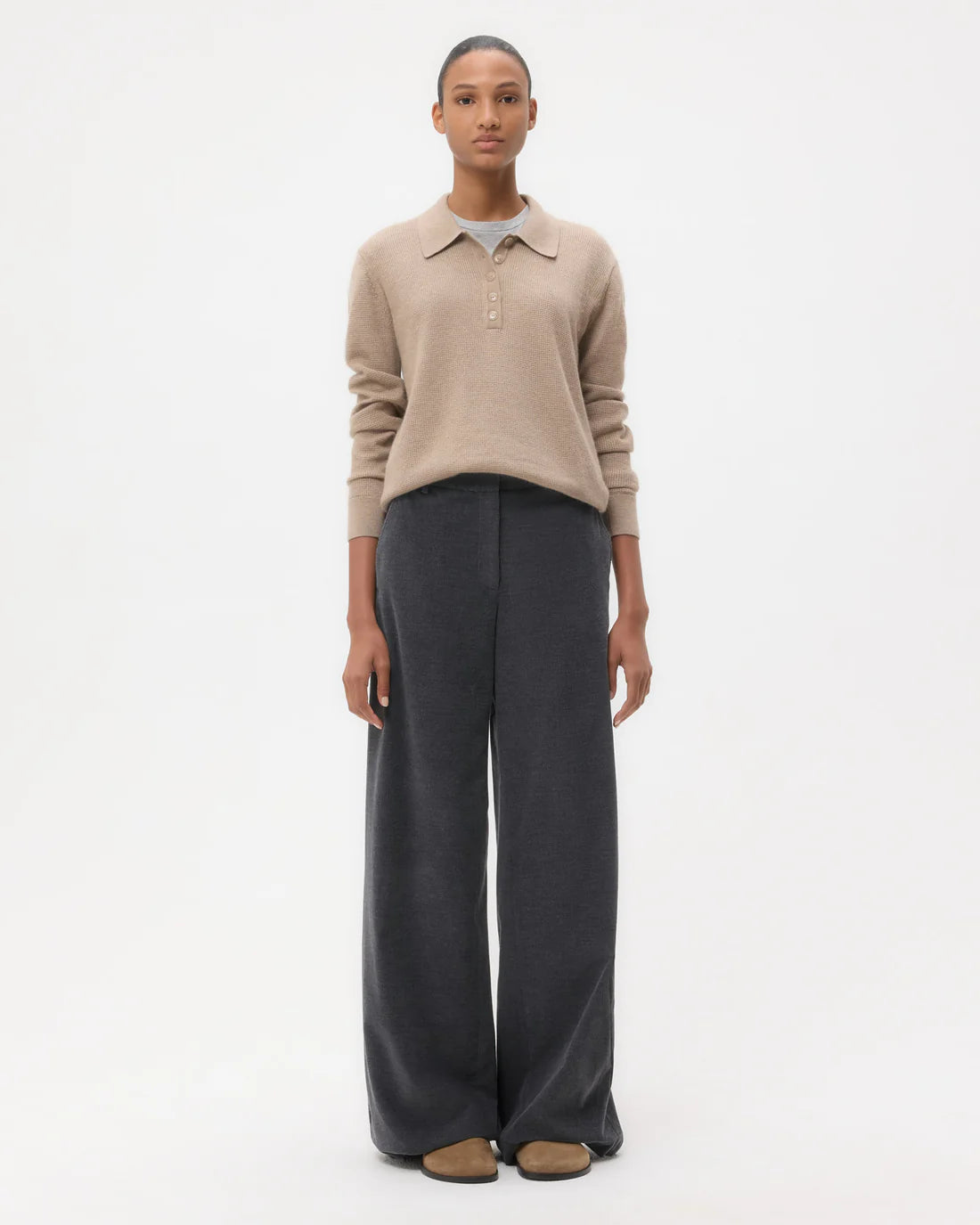 Close-up view of the Dylan Corduroy Pant in Charcoal Heather Grey highlighting the matte melange finish.