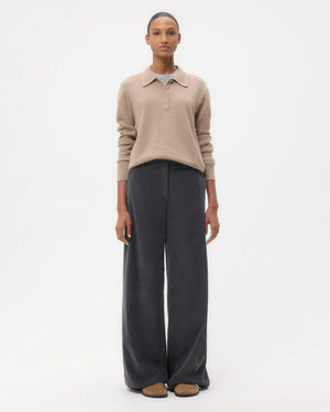 Close-up view of the Dylan Corduroy Pant in Charcoal Heather Grey highlighting the matte melange finish.