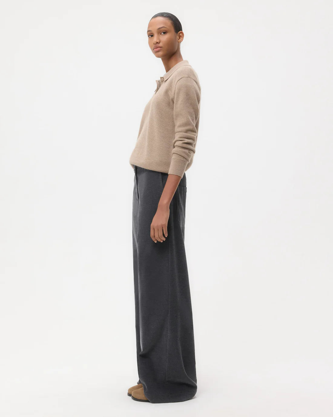 Model wearing the Dylan Corduroy Pant in Charcoal Heather Grey styled with casual attire.