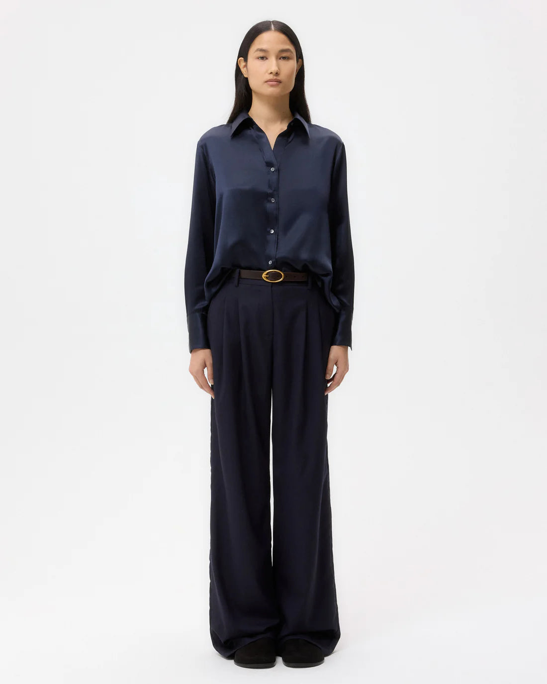 Close-up of the fabric texture of the Joey Shirt in Midnight, highlighting the semi-sheer silk georgette material perfect for a stylish look.