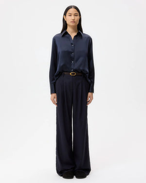 Close-up of the fabric texture of the Joey Shirt in Midnight, highlighting the semi-sheer silk georgette material perfect for a stylish look.