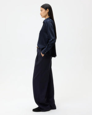 Joey Shirt in Midnight styled with casual accessories, showcasing its versatility as a fashionable button-down shirt.