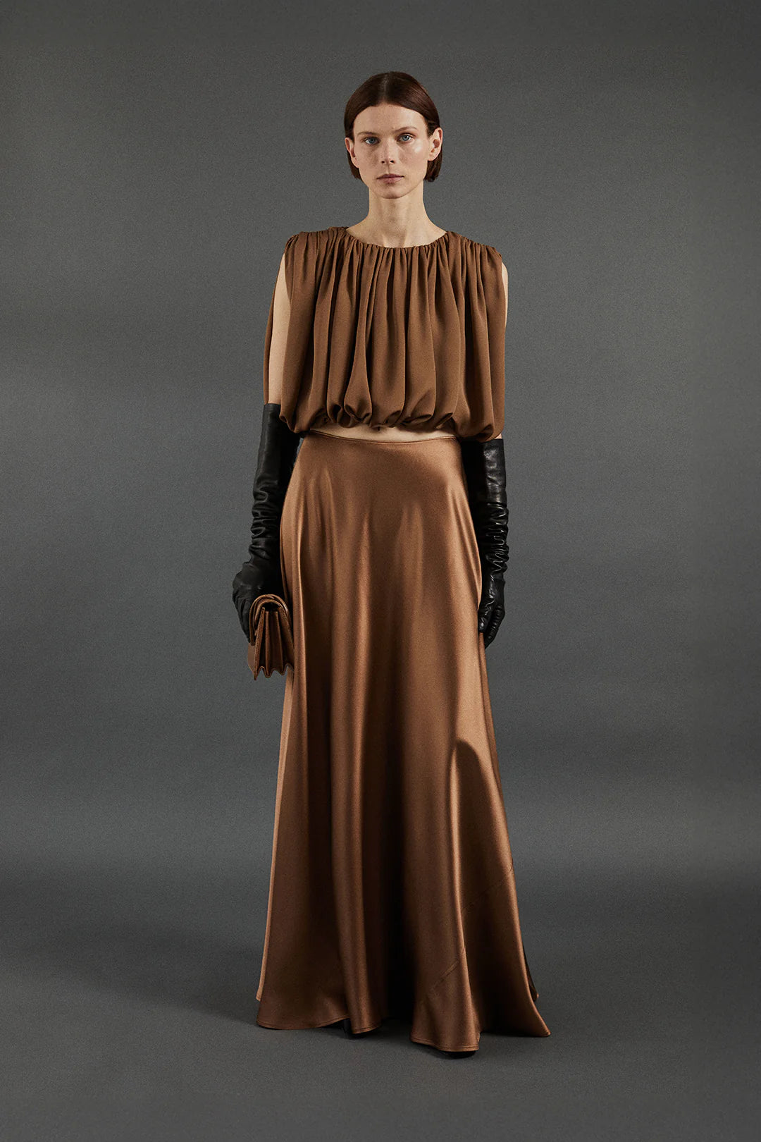 Antonia Skirt in Sepia on model paired with the Penelope Top.