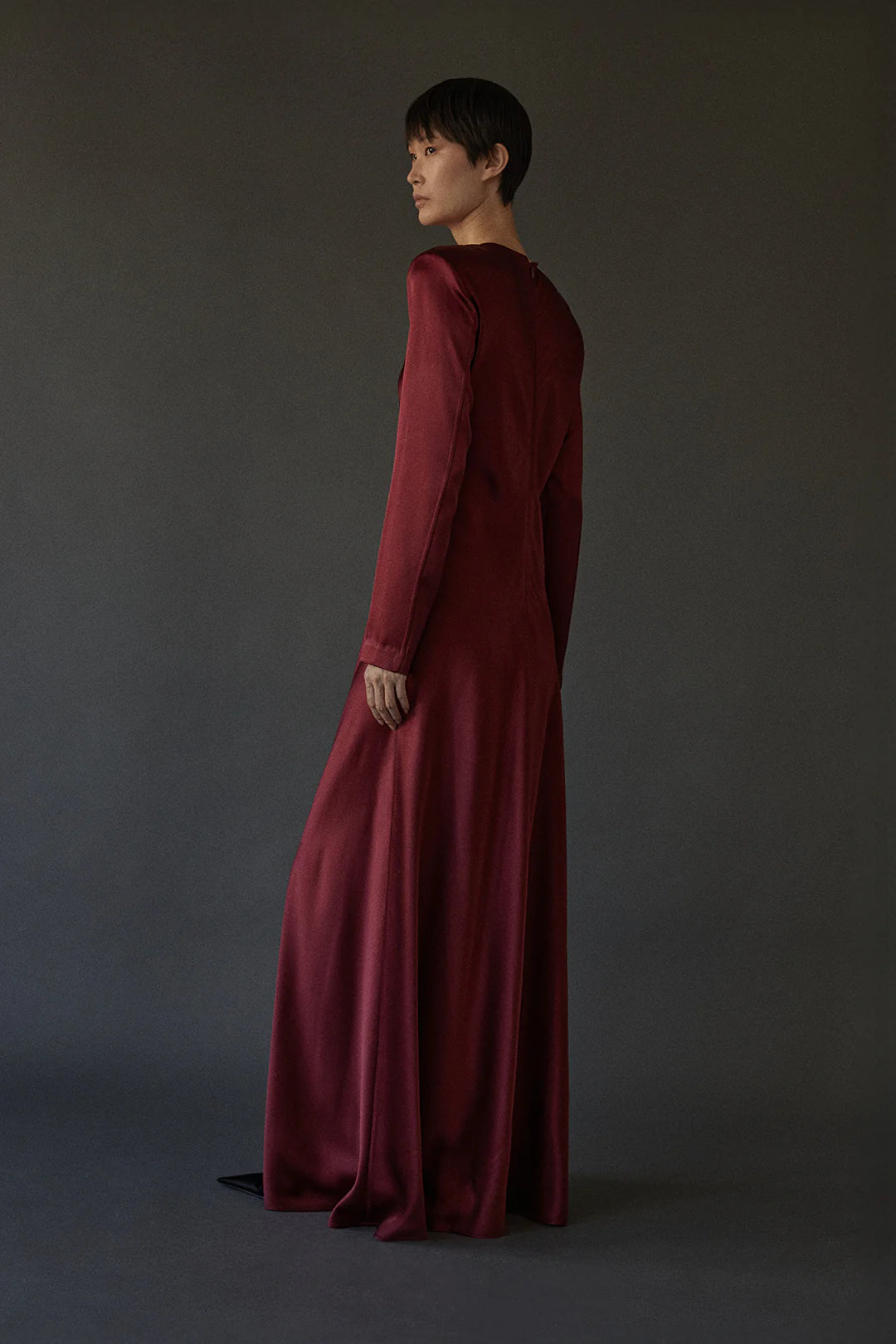 Beautifully draped Ruth Dress in Burgundy from Heirlome, perfect for special occasions, with 100% silk composition.