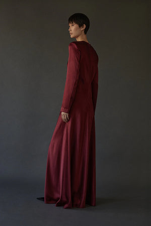 Beautifully draped Ruth Dress in Burgundy from Heirlome, perfect for special occasions, with 100% silk composition.