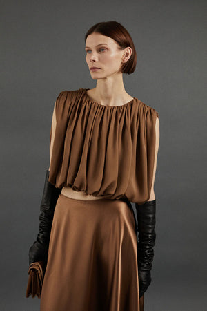 Close-up of the fabric details of Heirlome Penelope Top in Sepia, showing texture and quality.