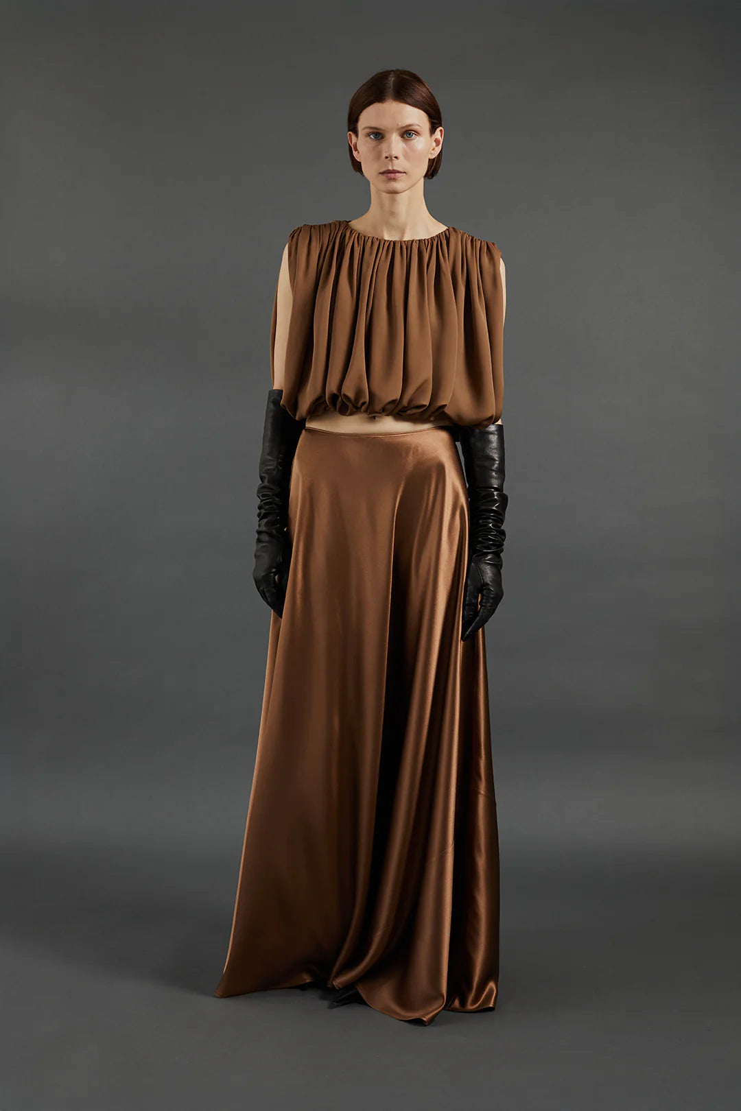 Close-up view of Antonia Skirt in Sepia highlighting the luxurious silk fabric.