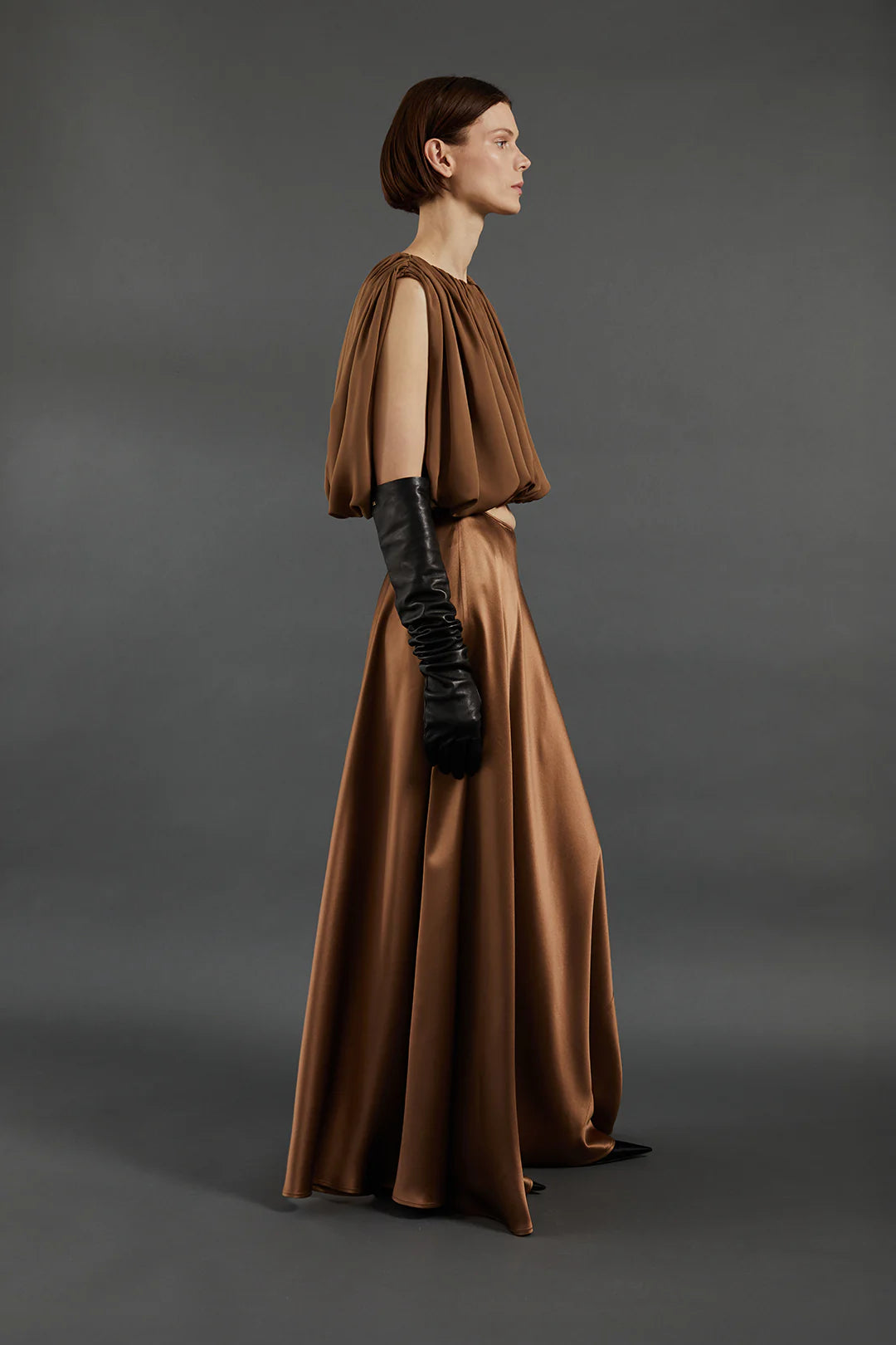 Model wearing the Antonia Skirt in Sepia styled for an evening look.