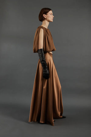 Model wearing the Antonia Skirt in Sepia styled for an evening look.
