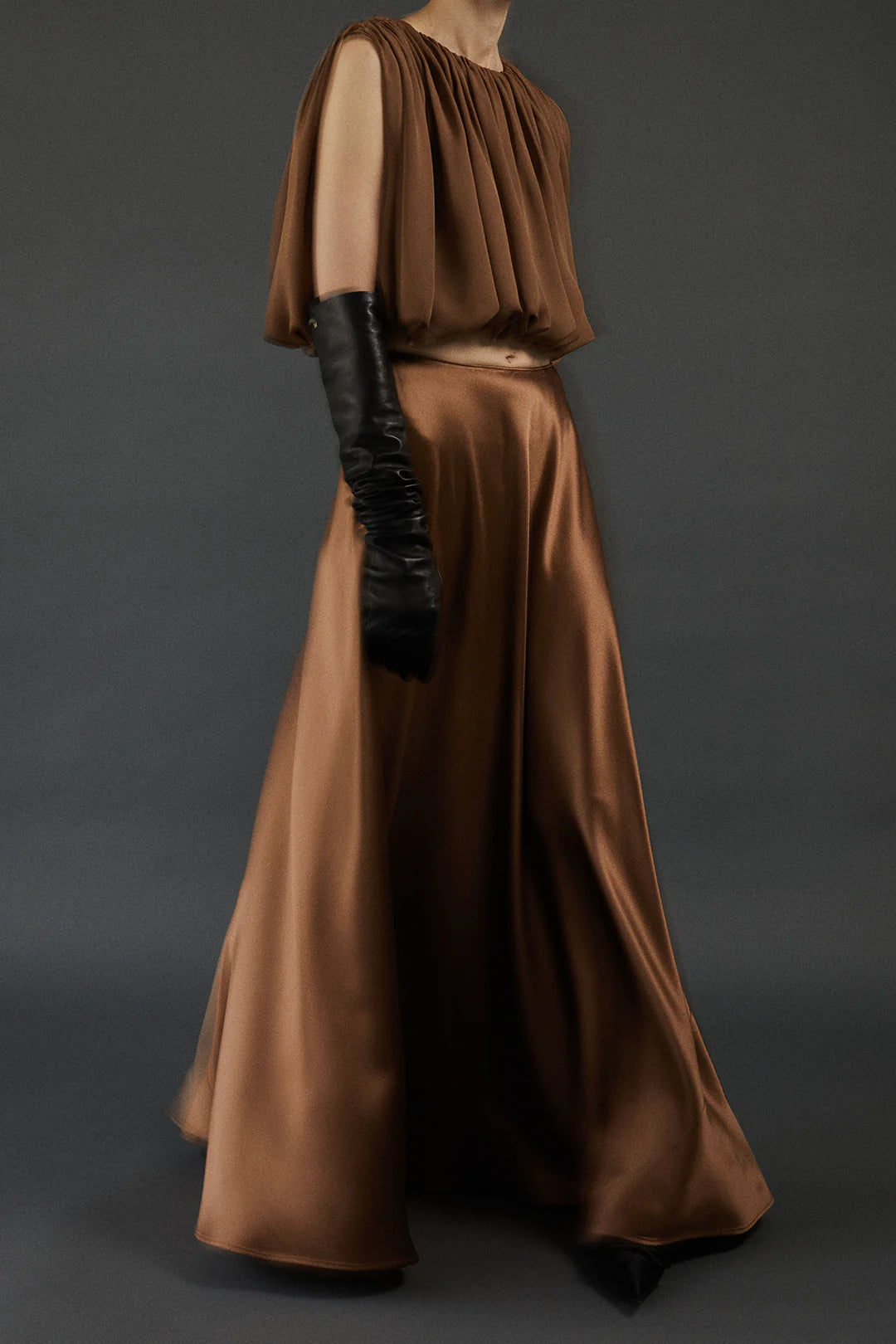Antonia Skirt in Sepia shown in natural light, emphasizing its rich color.