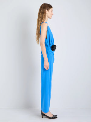 Full view of the Indria Dress in New Blue, highlighting its modern silhouette and unique design elements.