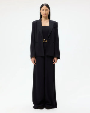 Close-up of the Boy Blazer in Midnight highlighting the tailored peaked lapel and custom molded shoulder pads.