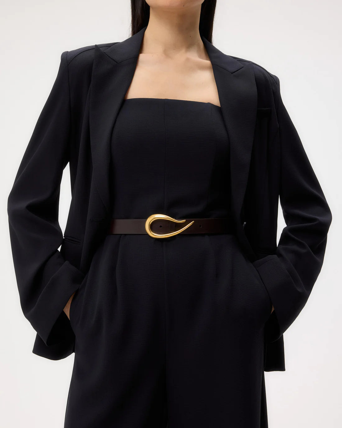 Full view of the Boy Blazer in Midnight worn, demonstrating its chic drapey wool crepe fabric.