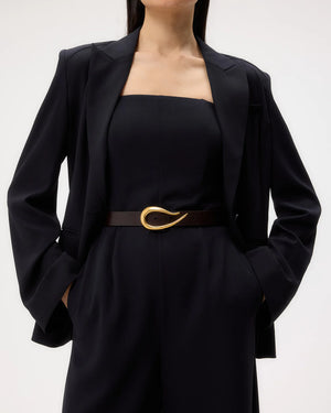 Full view of the Boy Blazer in Midnight worn, demonstrating its chic drapey wool crepe fabric.