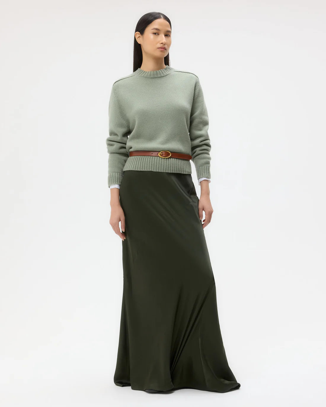 New Jill Crewneck in Martini Olive - Showcasing the boxy fit and elegant design of this chic crewneck.