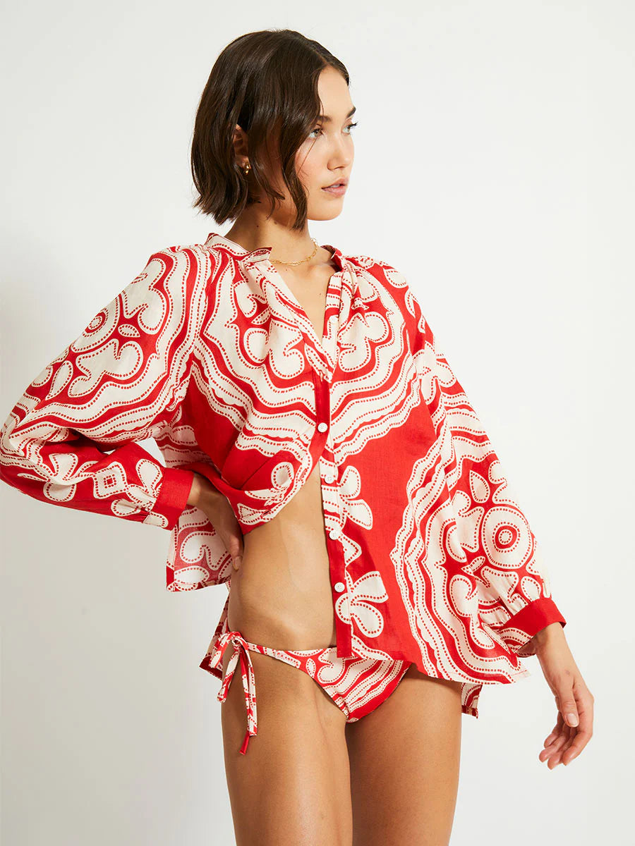 Mita Button Up Blouse in Niku Red