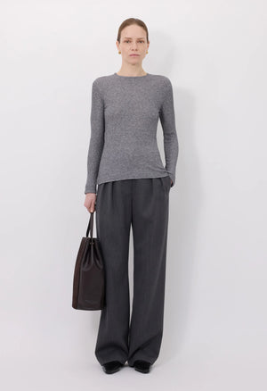 Close-up of the soft ribbed texture of Ortigia LDS Ribbed Long Sleeve T-shirt in Grey by Loulou de Saison, highlighting its high-quality fabric.