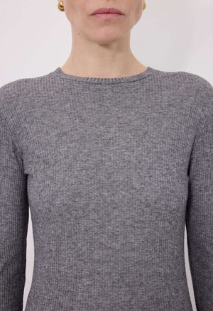 Flat lay of Ortigia LDS Ribbed Long Sleeve T-shirt in Grey, paired with accessories, presenting a chic outfit idea for any occasion.