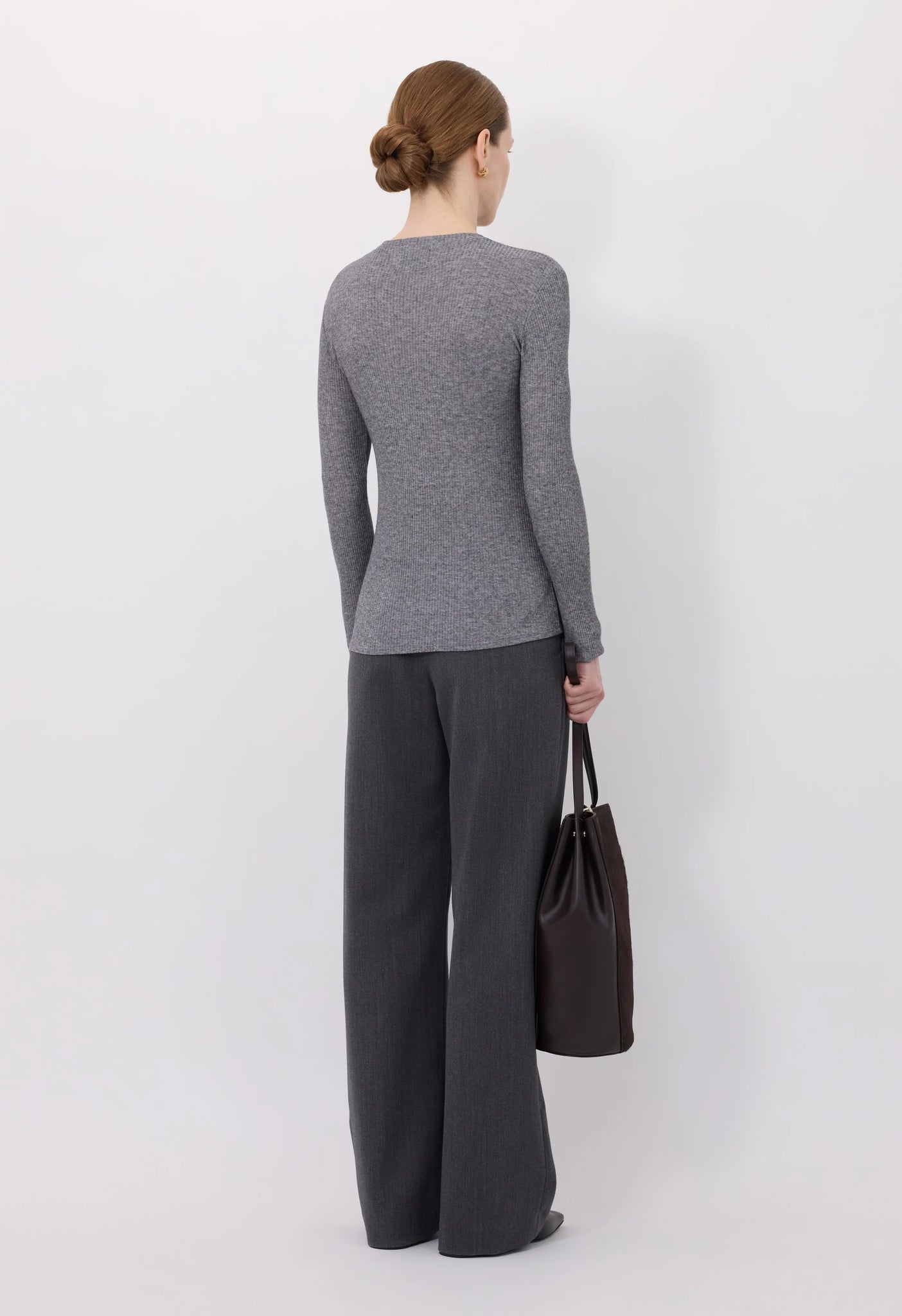 Back view of the Ortigia LDS Ribbed Long Sleeve T-shirt in Grey, emphasizing its classic long sleeve cut and fitted silhouette.