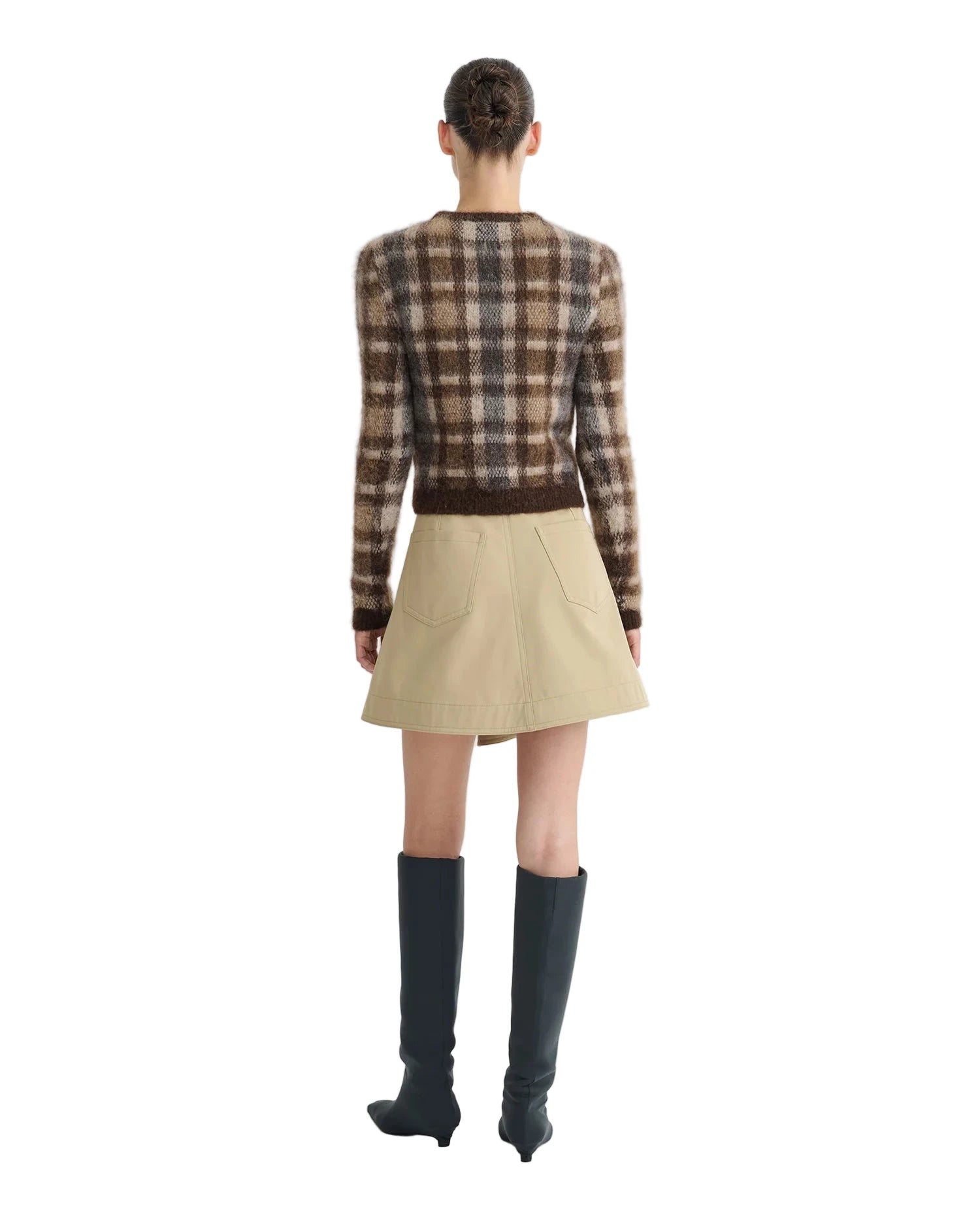 The Farica Sweater in Brown/Creme Check styled with denim, perfect for casual outings.