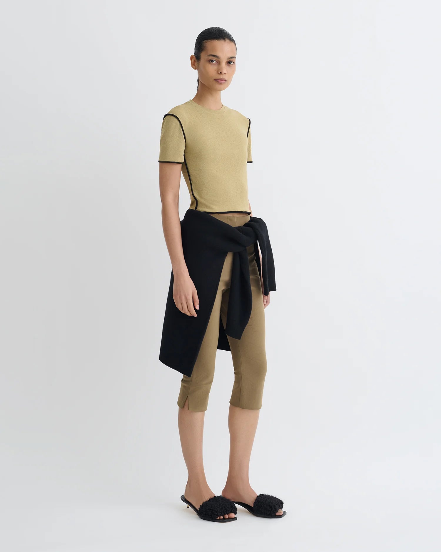 Close-up view of the Nanushka Sabelle Top in Sand, highlighting the mesh jersey fabric.