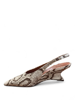 Side view of Nina Slingback in Printed Python highlighting the elegant silhouette and 50mm wedge heel.