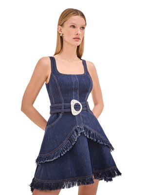 Close-up of the Macey Dress in Denim, highlighting the fabric composition and stylish design elements.