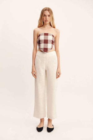 Stylish Callie Tie Top in Mocha Gingham paired with the coordinating Mira Skirt, emphasizing its chic and trendy look.