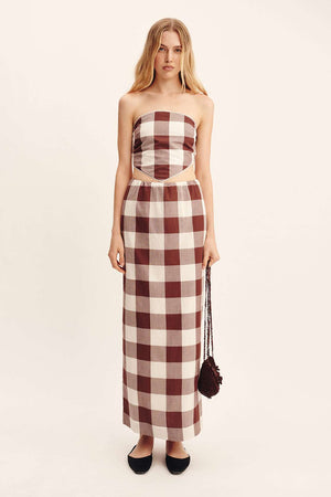 Close-up of the Mocha Gingham pattern on Posse's Mira Skirt, made from hand-loomed cotton.